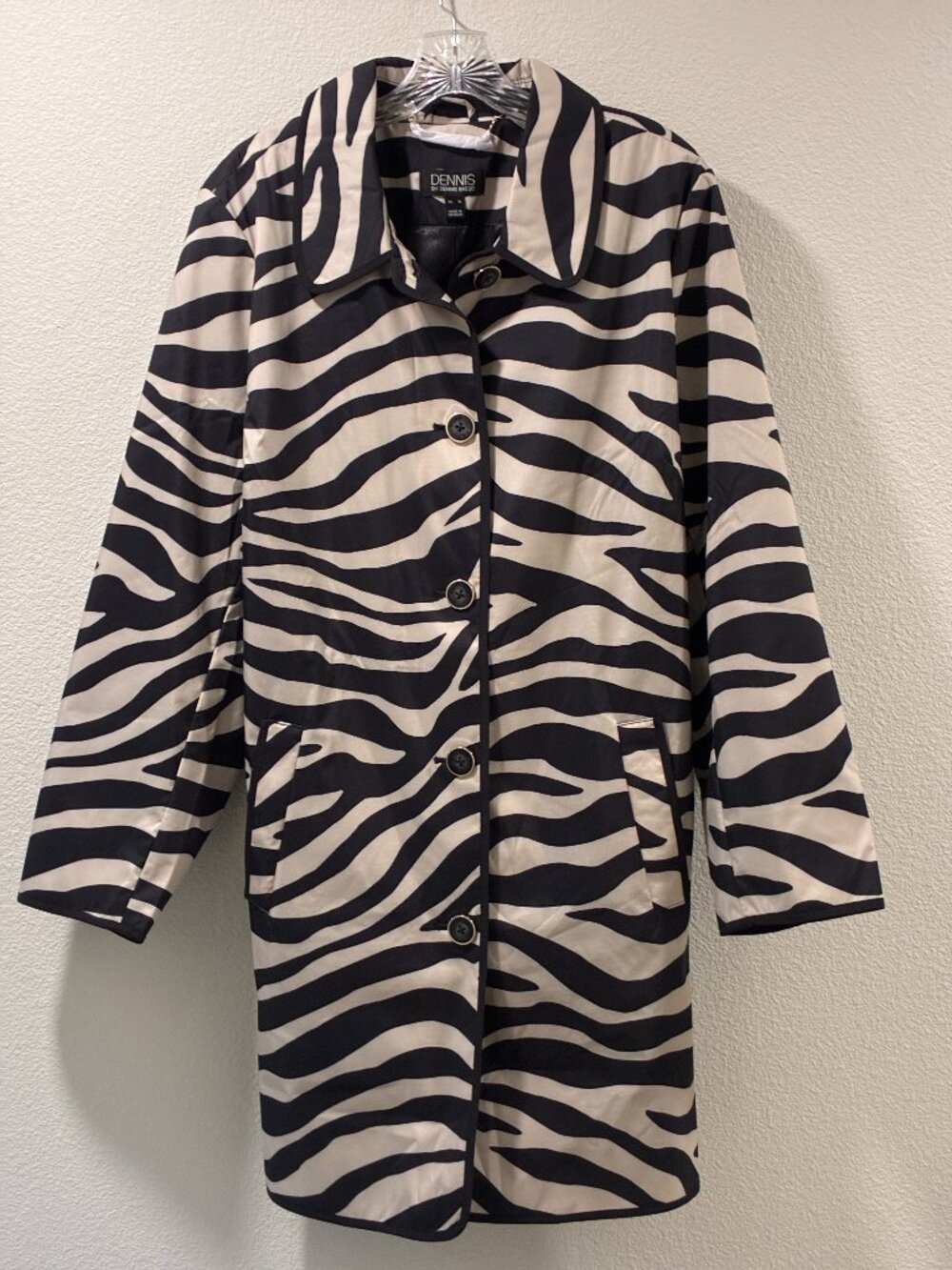 Dennis Basso Zebra Print Long Sleeve Belted Raincoat Black Cream Women XL NWOT